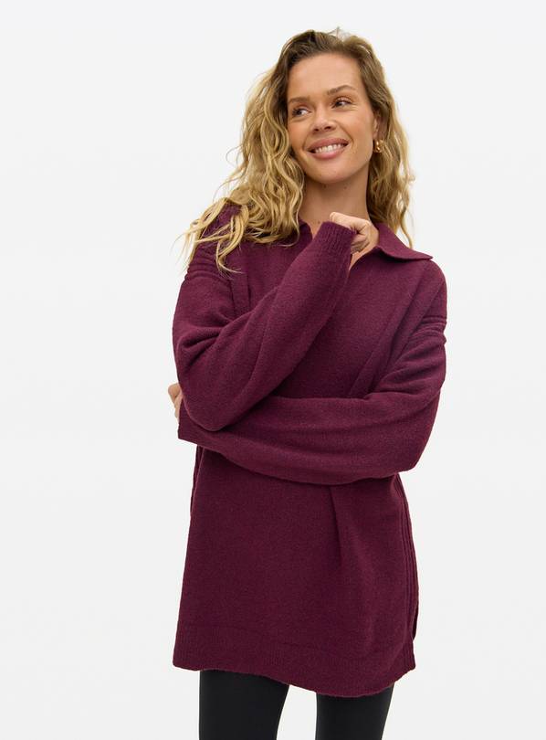 Burgundy Cosy Yarn Collared Longline Jumper S